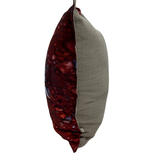 Side view — Saltwing pillow showing the printed desert foliage front and natural linen back