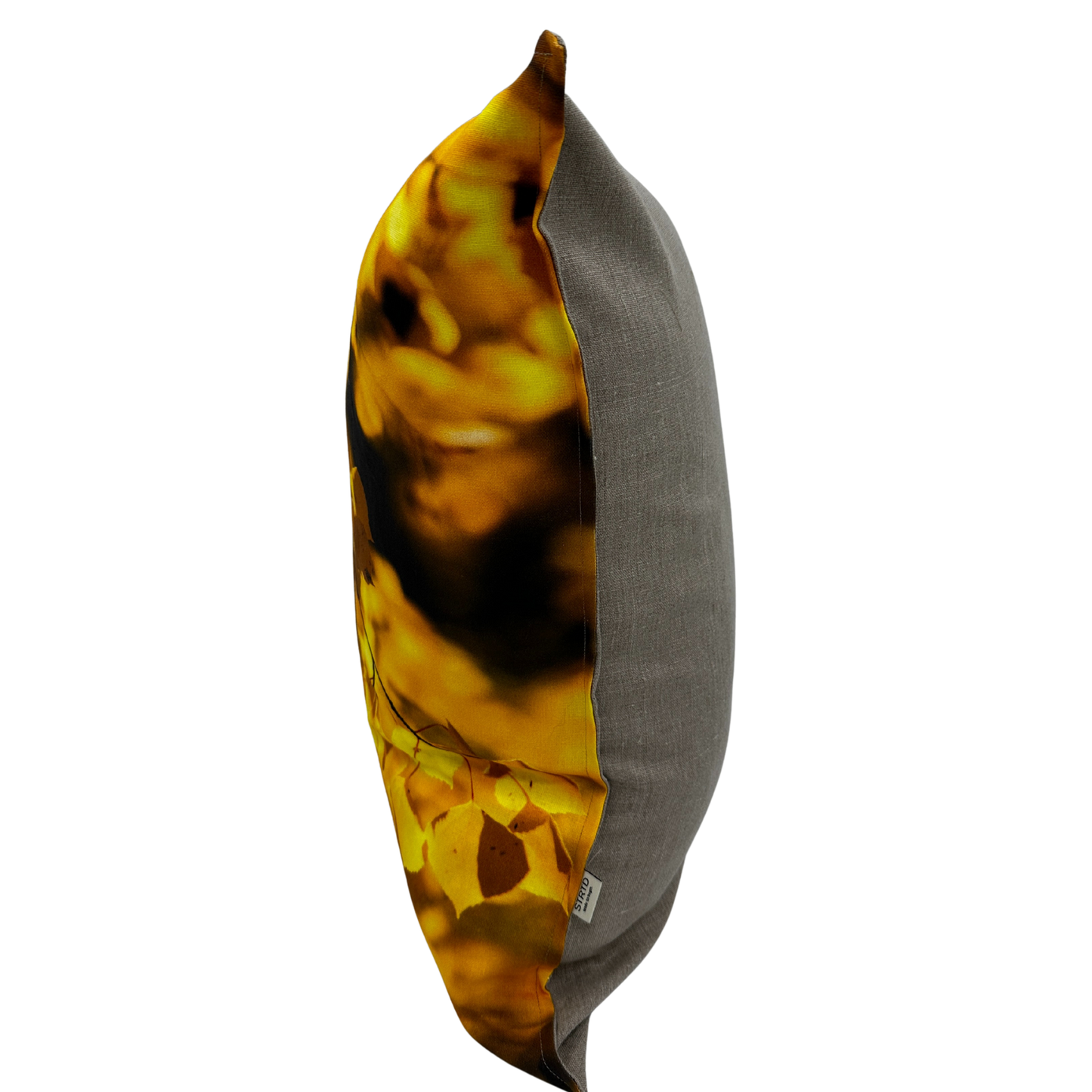 Aspen Gold pillow side view — golden aspen leaves printed on 100% natural linen with a rich autumn palette