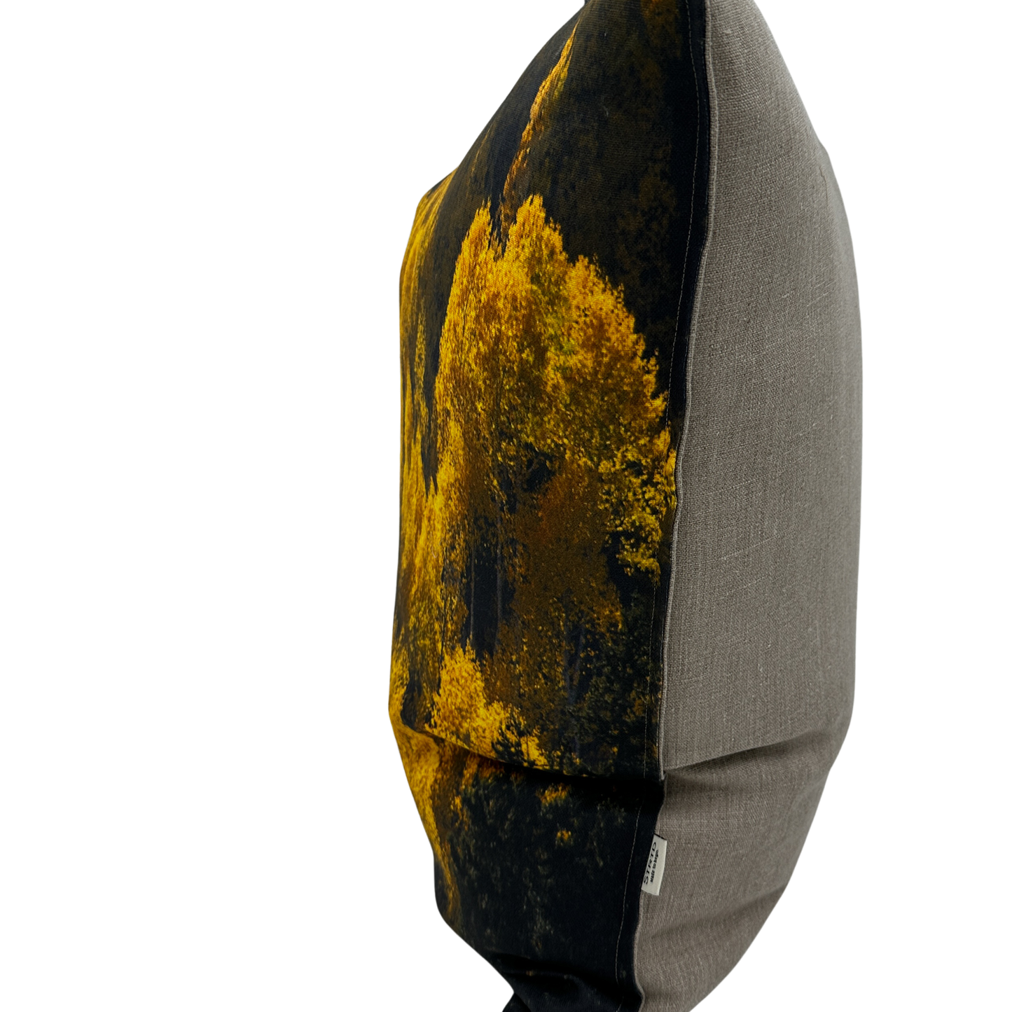 Side view of Aspen Grove pillow showing the natural linen texture and fall color aspens