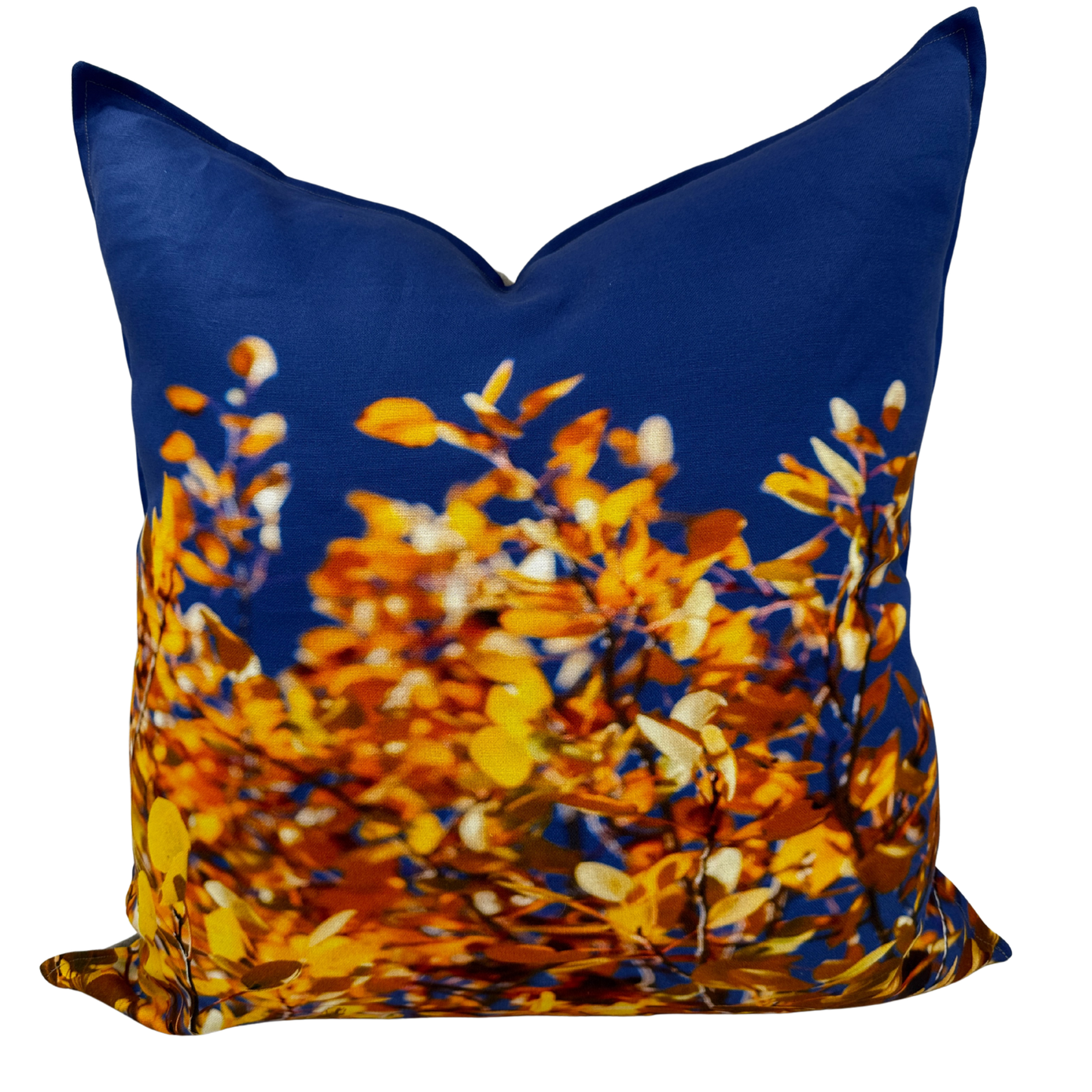 Aspen Sky pillow — golden aspen leaves against a deep blue Utah sky printed on 100% linen