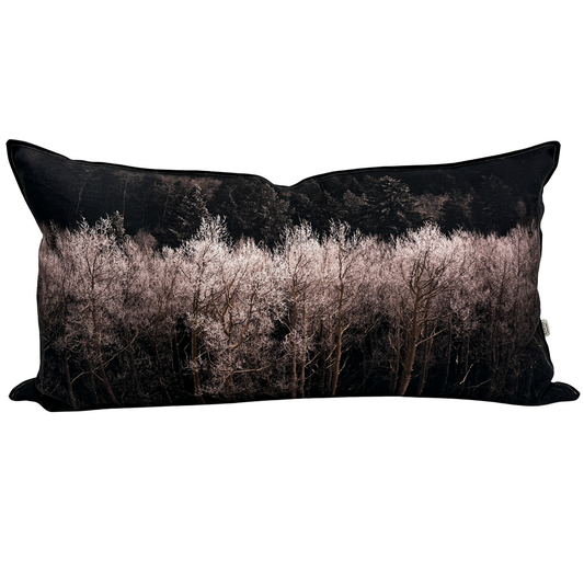 Aspen Winter linen pillow featuring frosted Utah aspens against a dark forest backdrop.