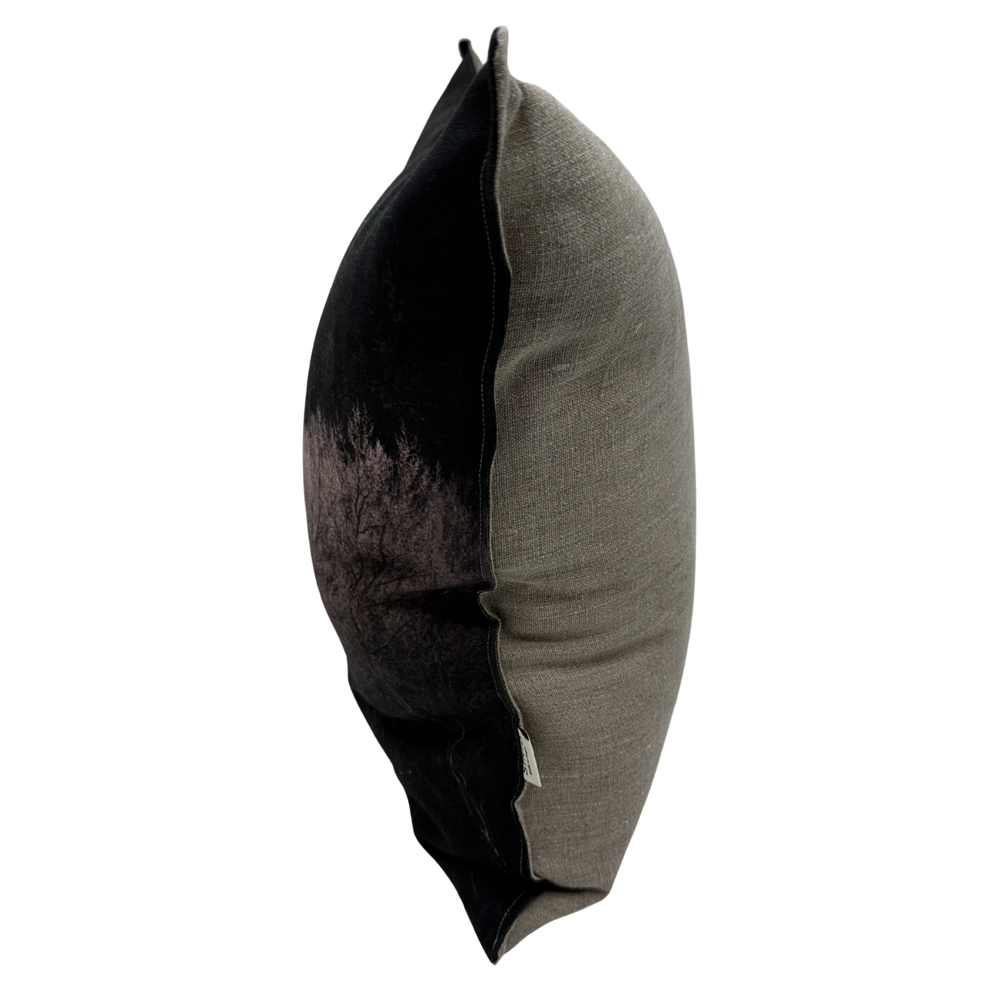 Aspen Winter linen pillow — side view showing frosted aspen tree print and linen texture.