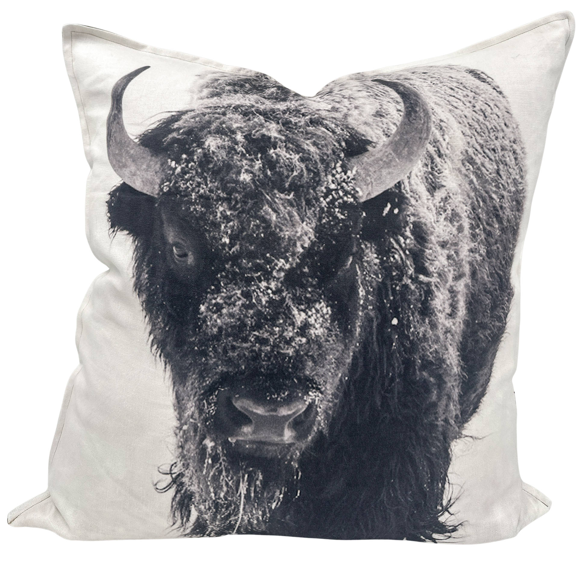Bison pillow — close-up black and white portrait of a snow-covered Utah bison on natural linen texture