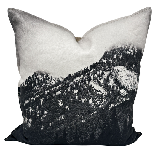 Cottonwood Canyon linen pillow featuring a black-and-white Utah mountain landscape