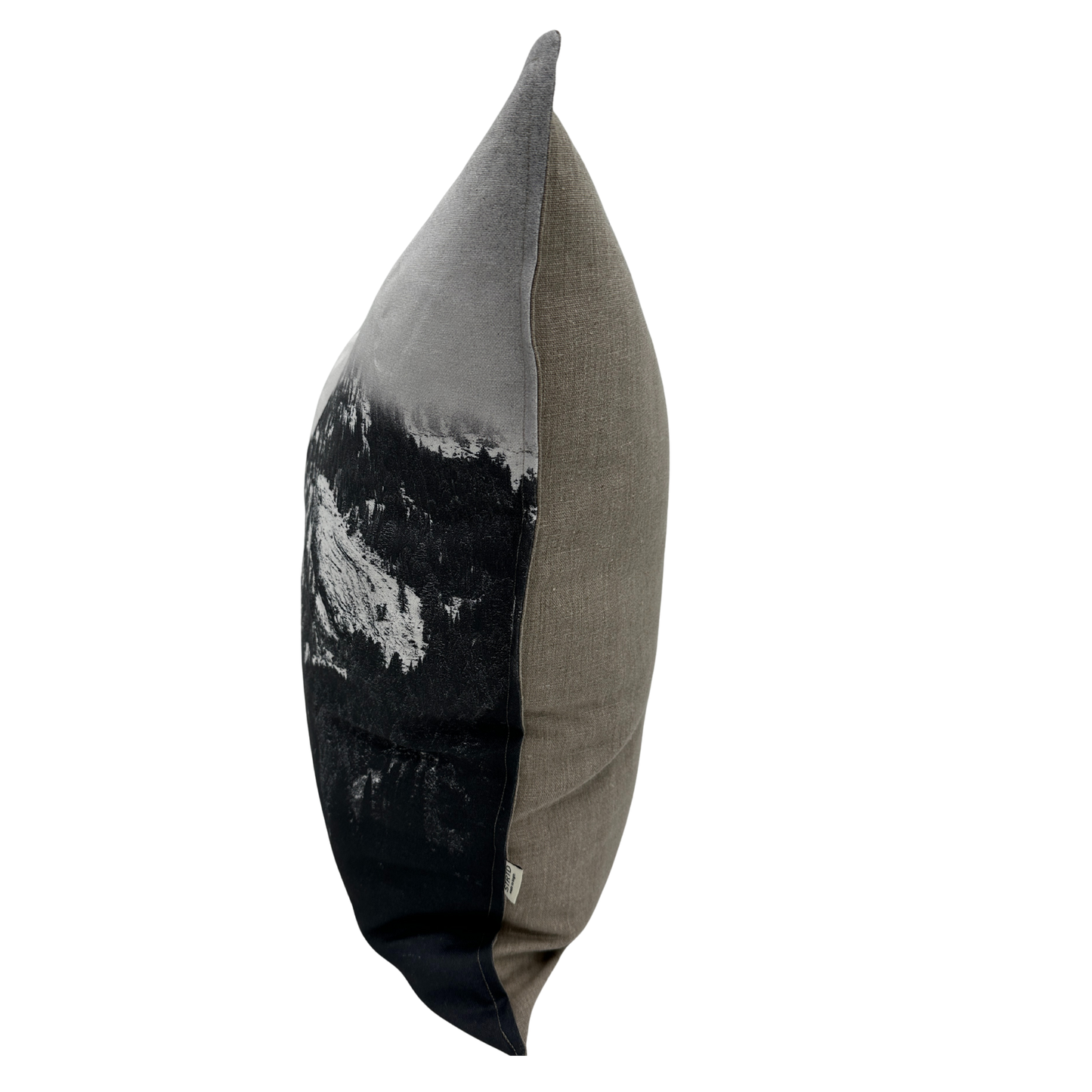 Cottonwood Canyon linen pillow — side view showing black-and-white Utah mountain print