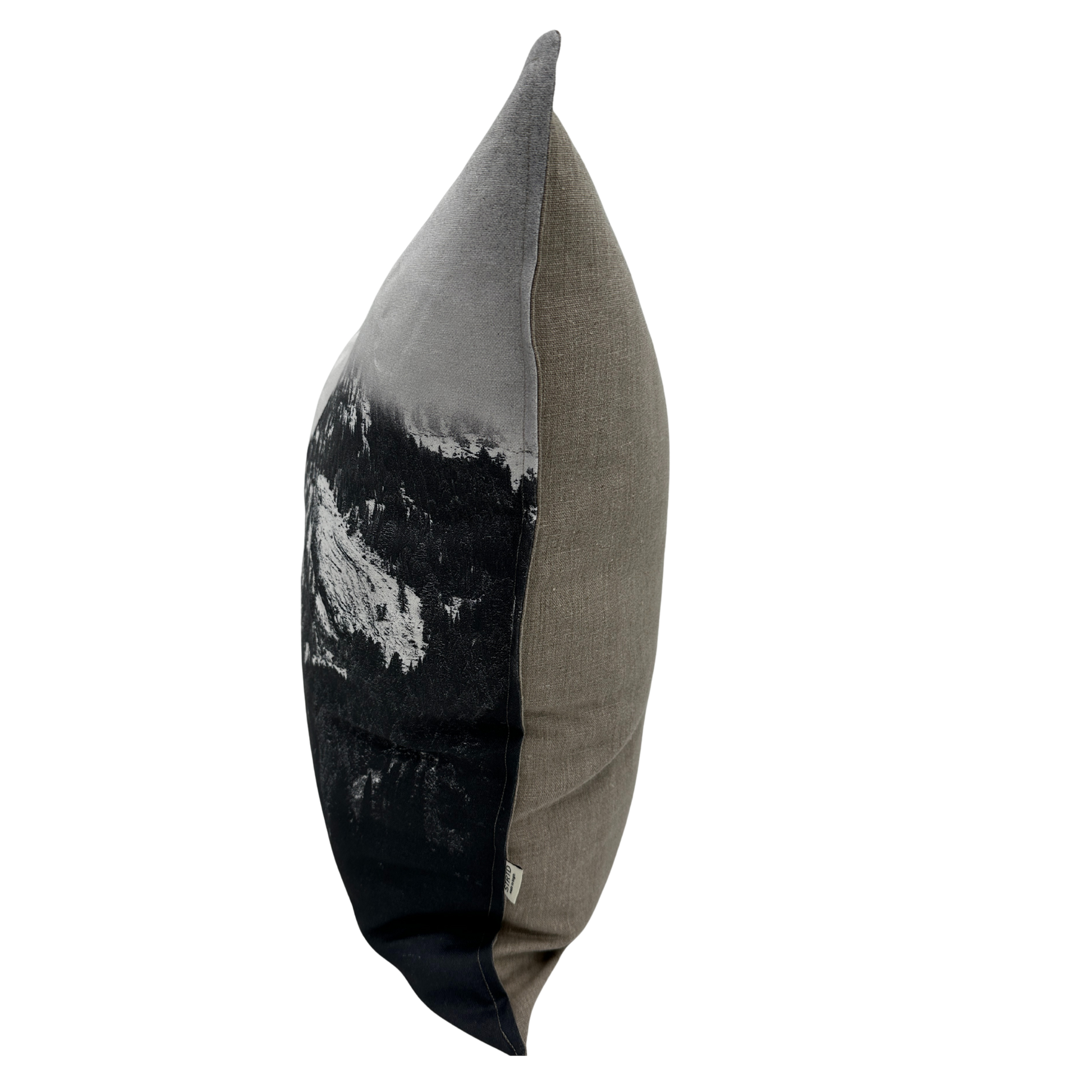 Cottonwood Canyon linen pillow — side view showing black-and-white Utah mountain print