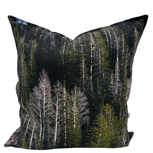 Evergreen linen pillow featuring a Utah forest of tall pines and bare aspens