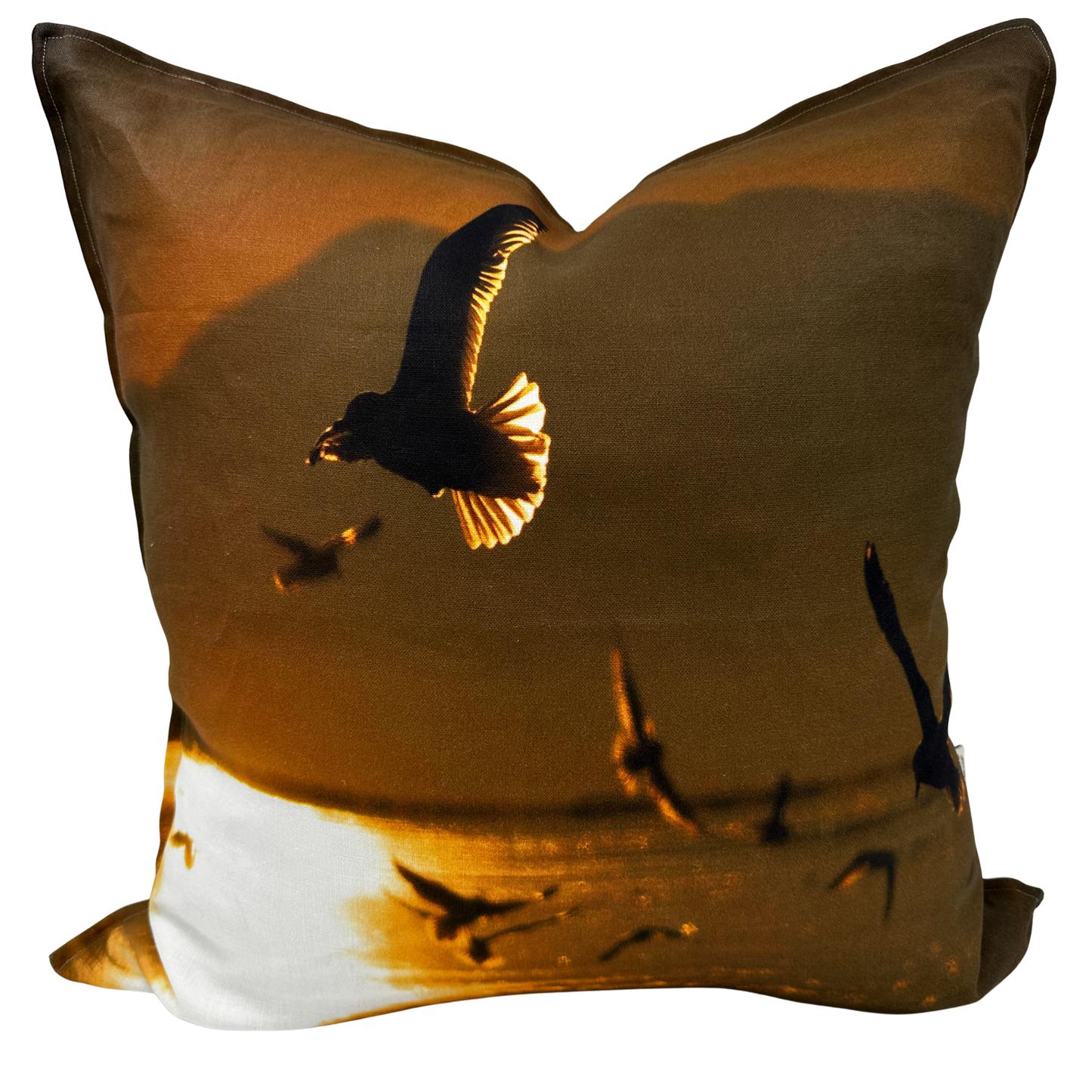 Gull Flight pillow — golden Utah sunset with seagulls in motion printed on natural linen