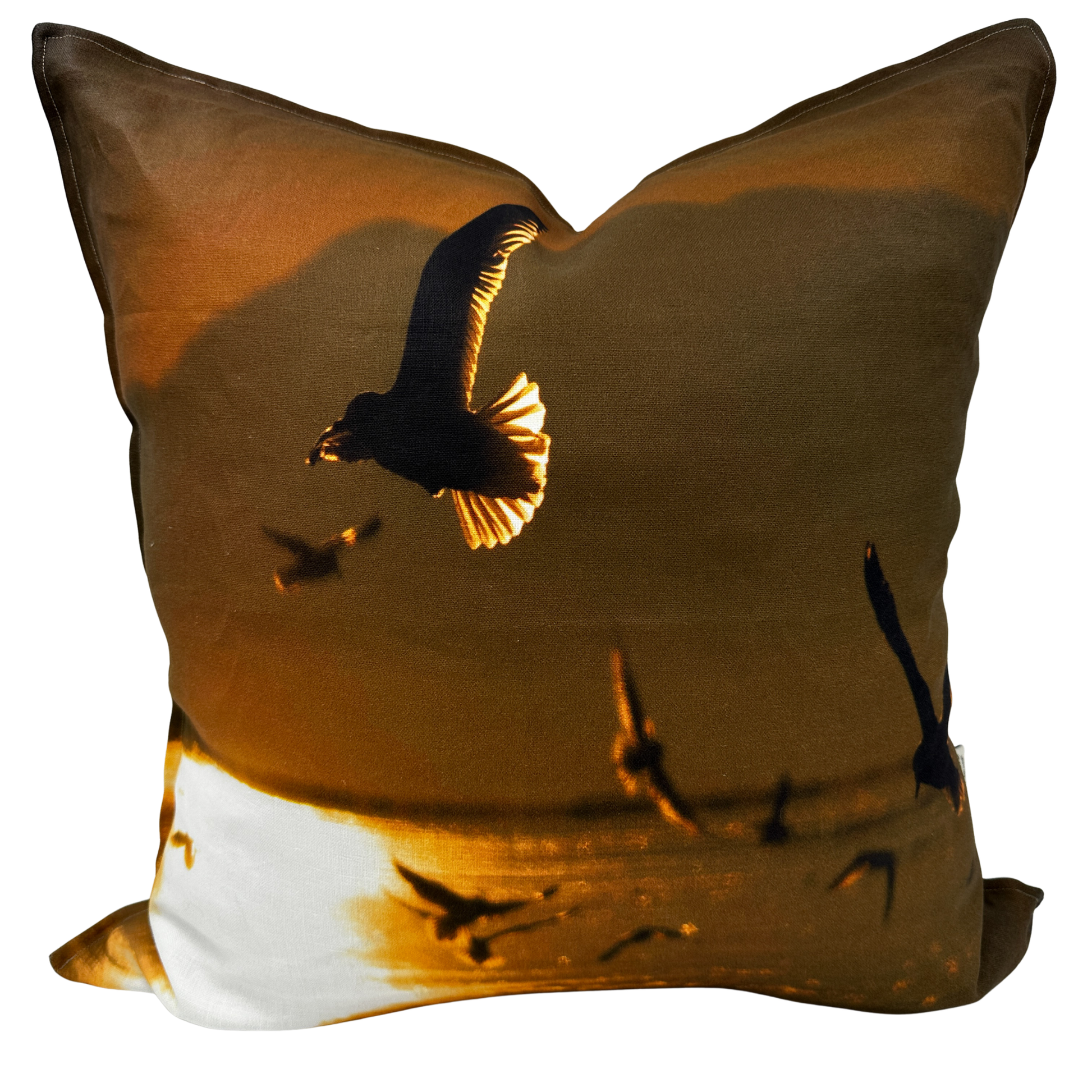 Gull Flight pillow — golden Utah sunset with seagulls in motion printed on natural linen