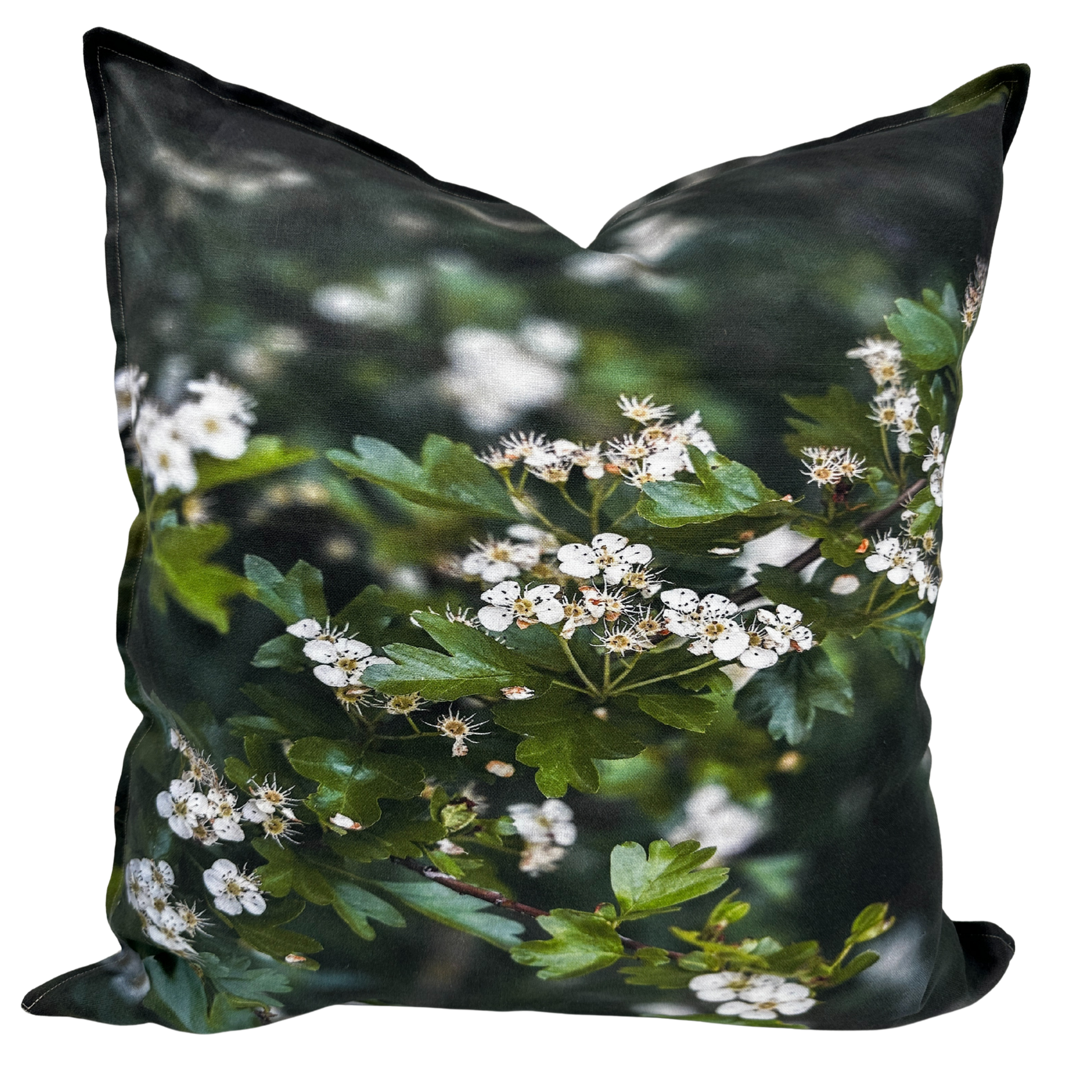 Hawthorn pillow — close-up of blooming white hawthorn flowers and green foliage, inspired by Utah nature