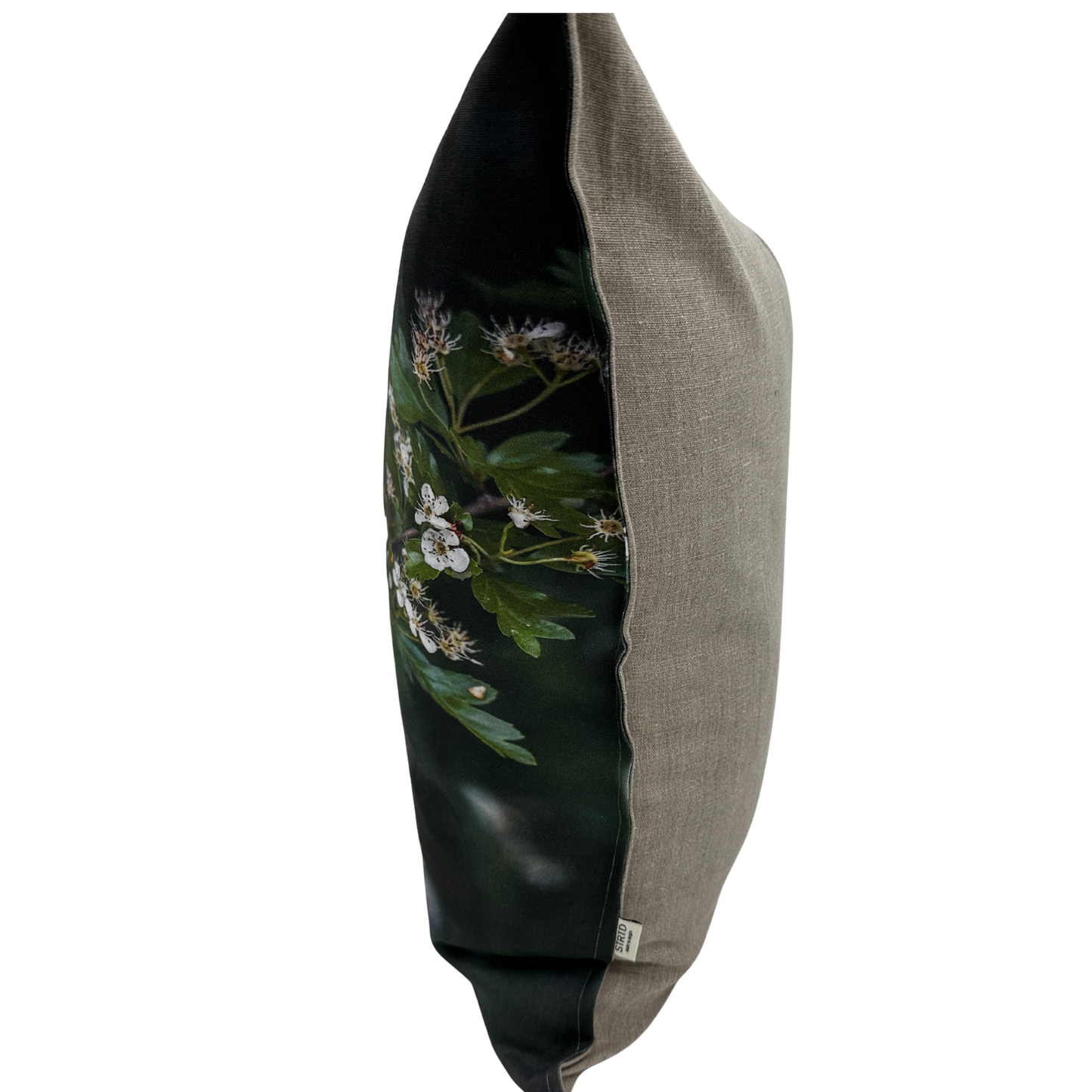 Hawthorn pillow side view - printed floral front showing natural linen texture 