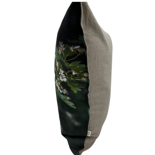 Hawthorn pillow side view - printed floral front showing natural linen texture 