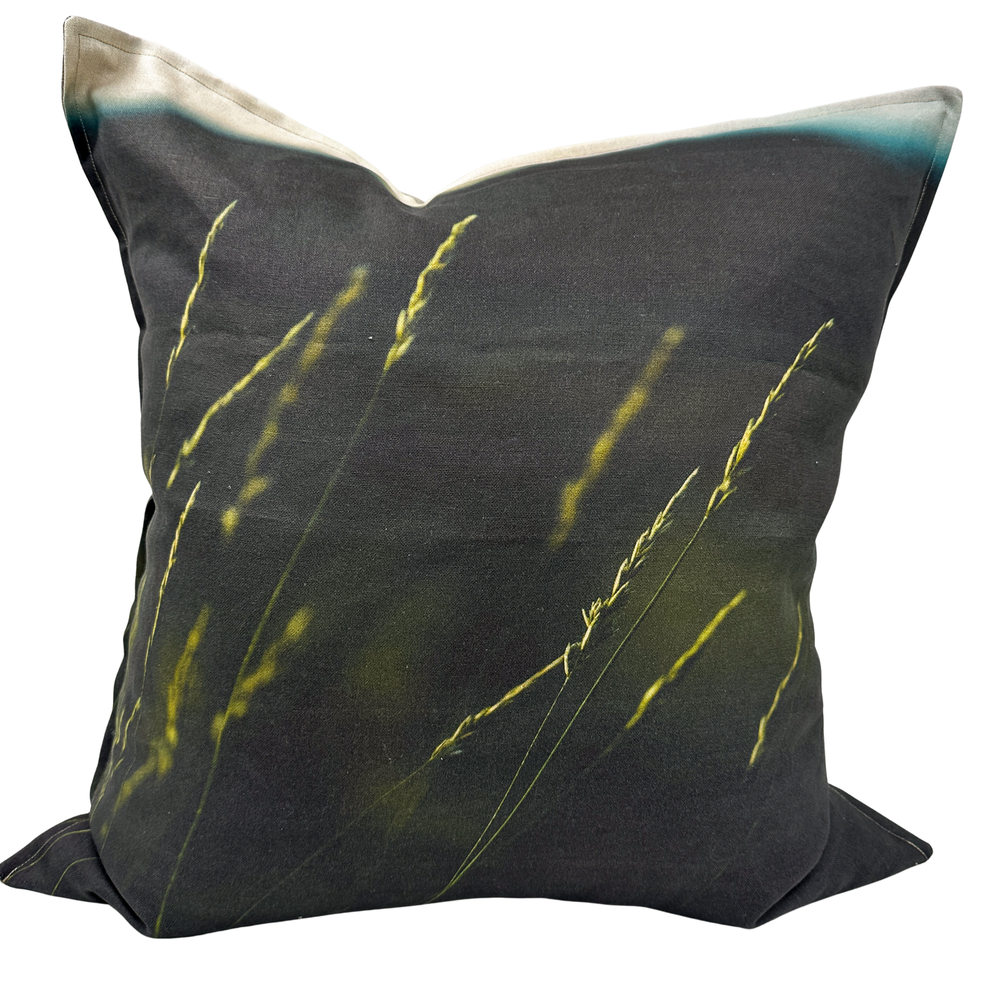 Indian Ricegrass linen pillow featuring fine desert grass against a dark Utah landscape