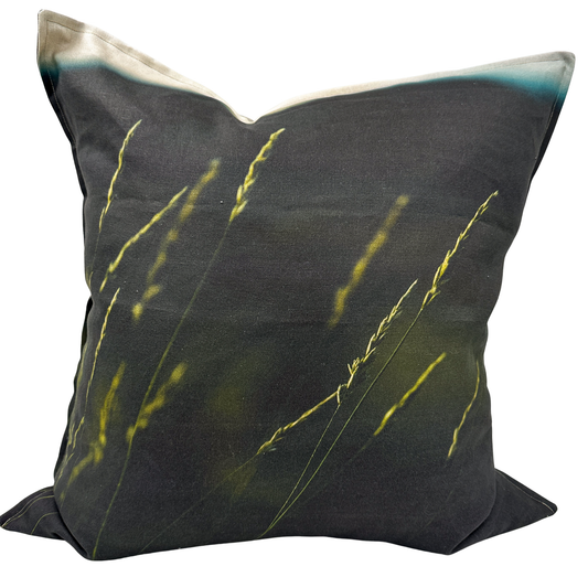 Indian Ricegrass linen pillow featuring fine desert grass against a dark Utah landscape