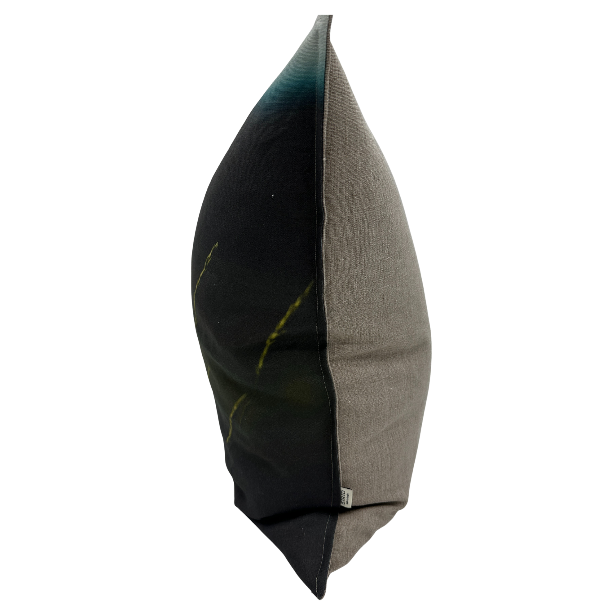 Indian Ricegrass pillow — side view showing botanical print and linen texture