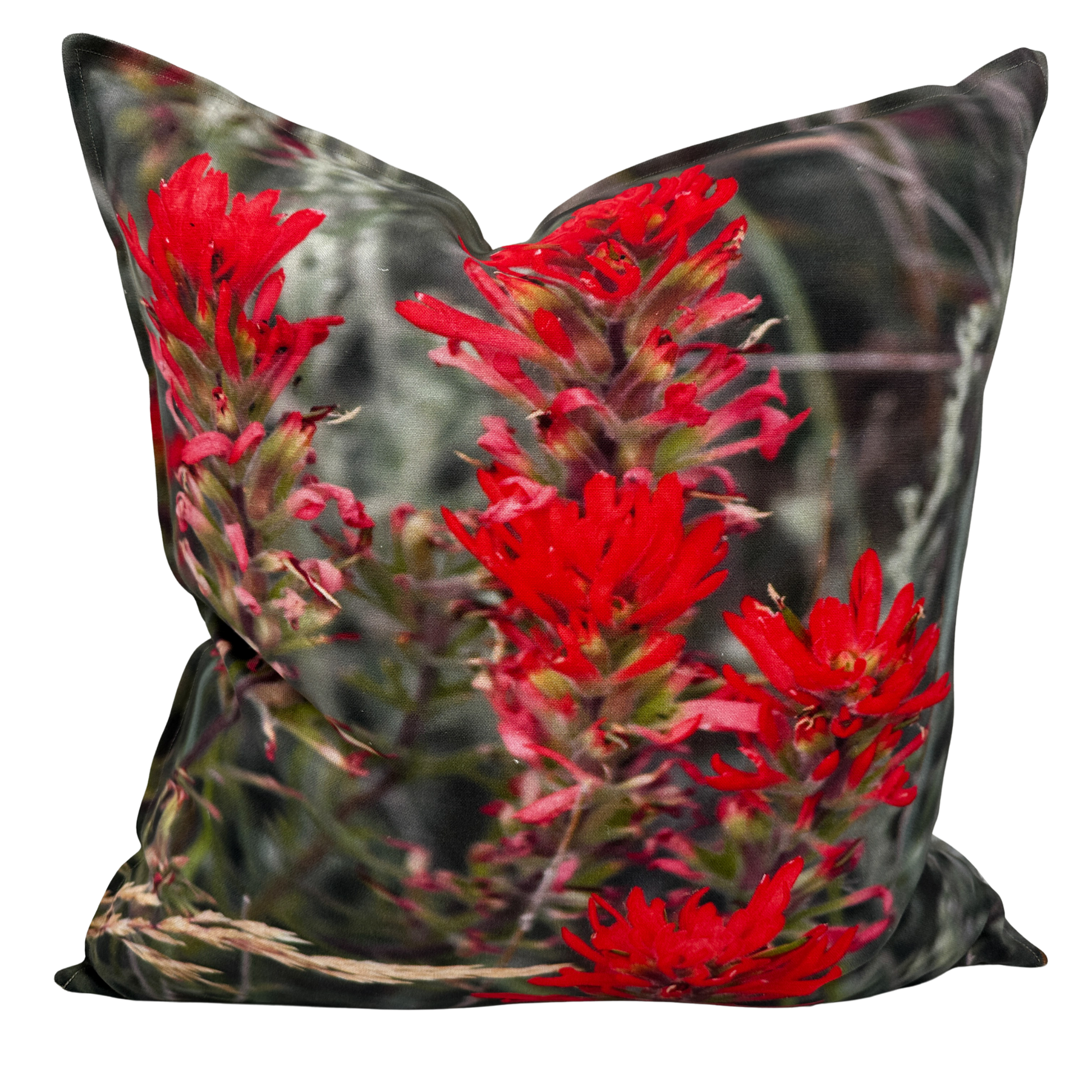 Indian Paintbrush floral pillow — close-up of vibrant red Utah wildflowers on natural linen texture