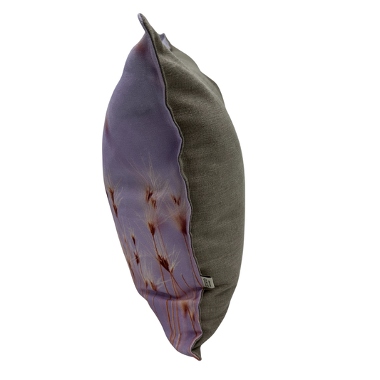 Prairie Grass linen pillow — side view showing soft golden Utah grass print and linen texture