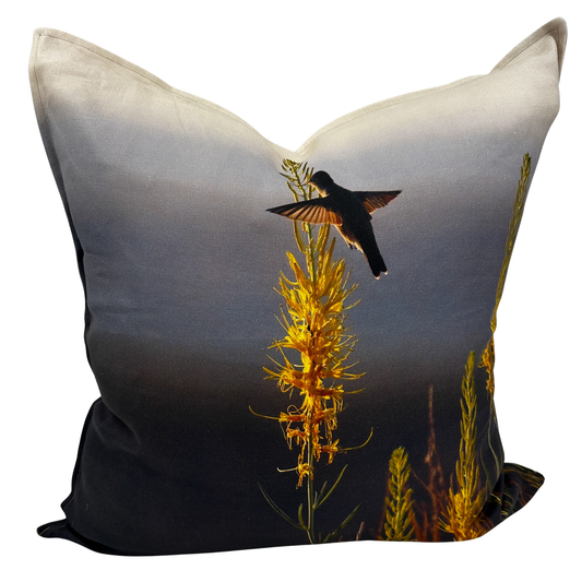 Prince’s Plume linen pillow featuring a hummingbird over golden Utah wildflowers