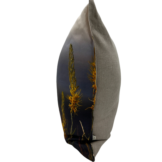 Prince’s Plume linen pillow — side view showing golden Utah wildflower print and natural linen texture