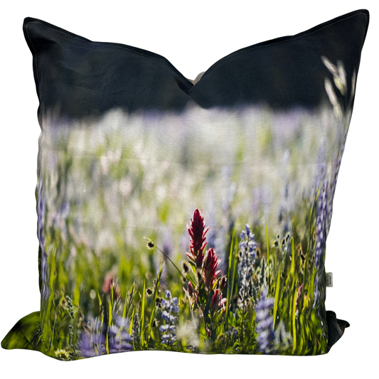 Wild Meadow linen pillow — Utah wildflowers and soft meadow greens in a peaceful summer landscape